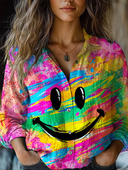 Colorful Hippie Smiley Face Art Women's Printed Casual Shirt