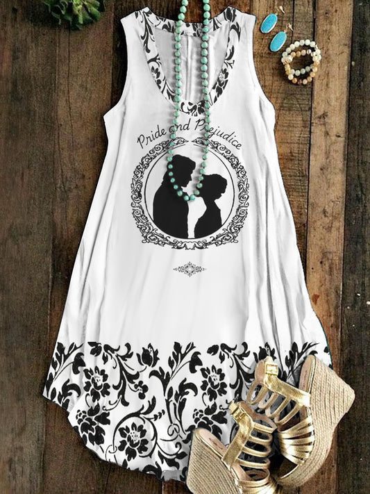 Pride and Prejudice Black and White Print Sleeveless V Neck Dress