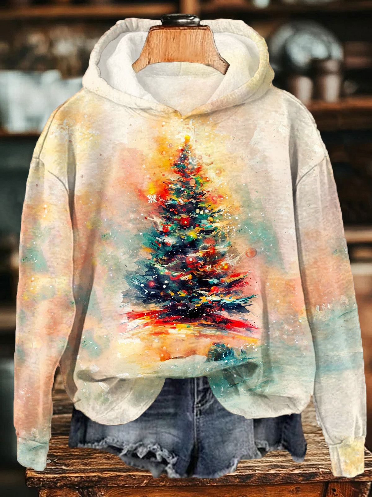 Retro Christmas Tree Long Sleeve Printed Hoodie