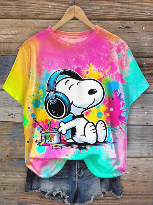 Fun Holiday Rainbow Painter Snoopy Crew Neck T-shirt