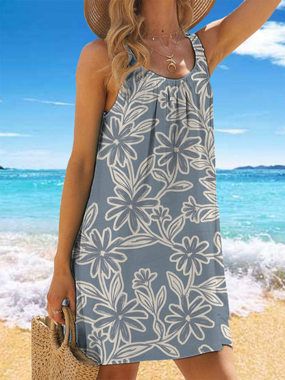 Simple Flower Print Casual Beach Dress