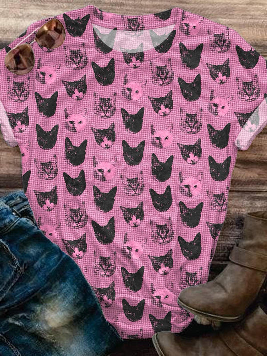 Cute Cat Print Crew Neck T-shirt