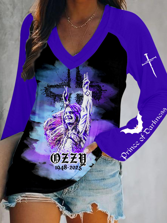 Ozzy Osbourne Print V-Neck Long Sleeve Top