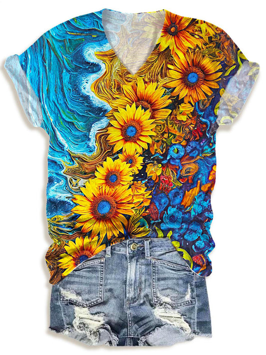 Retro Sunflower Print V-neck T-Shirt