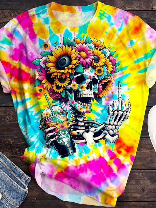 Skull Floral Print Crew Neck T-shirt