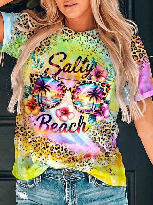 Tropical Flowers Leopard Print Crew Neck T-shirt