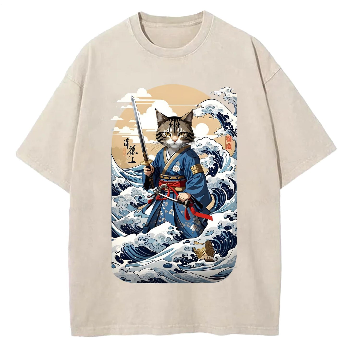 日本のサムライキャットウォッシュクルーネックTシャツ