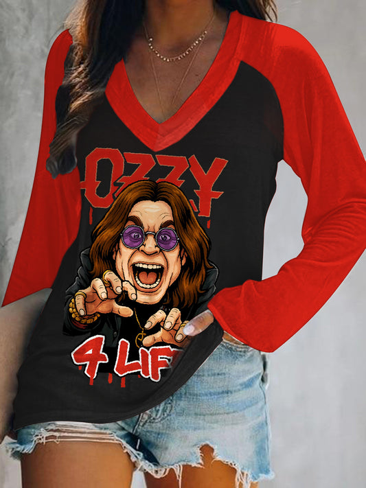 Ozzy Osbourne Cartoon Print V-Neck Long Sleeve Top
