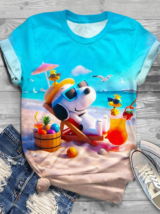 Beach Vacation Snoopy Print Crew Neck T-shirt