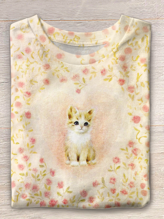 Retro Floral Love Cat Art Crew Neck T-shirt