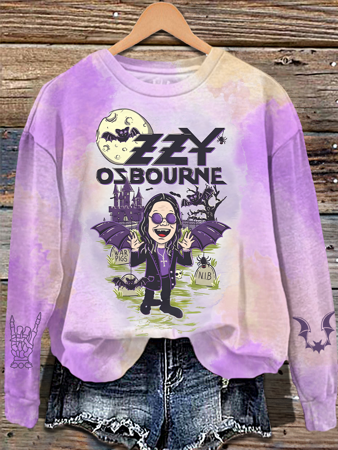 Cartoon Ozzy Osbourne Watercolor Printed Long Sleeve Casual Top