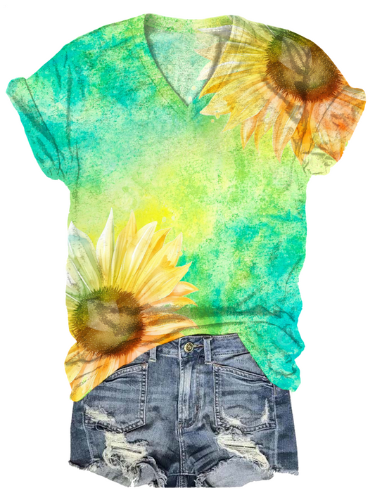 Sunflower Tie-dye Art Print V-neck T-Shirt
