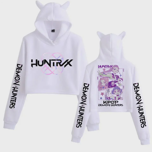 Kpop Demon Hunters Crop Tops Cat Ears Long Sleeve Hoodie