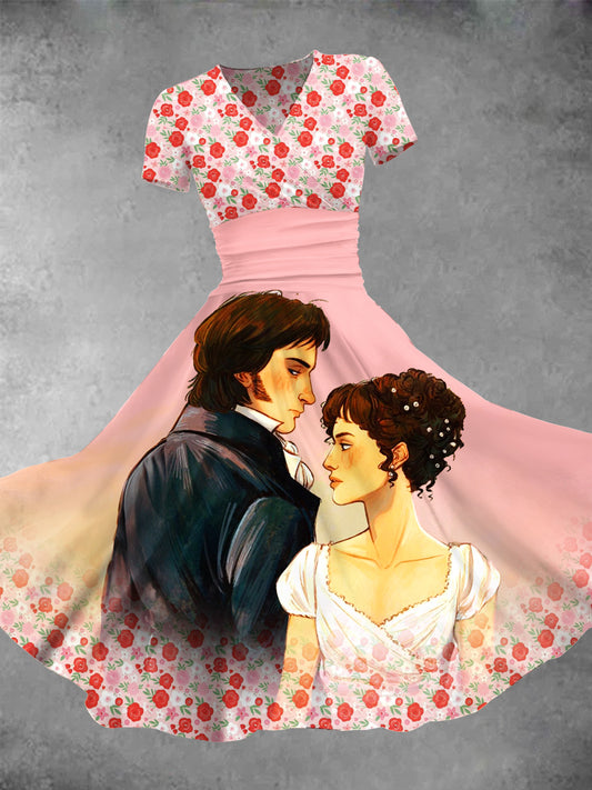 Pride And Prejudice Rose Print V Neck Short Sleeve Women's Dress