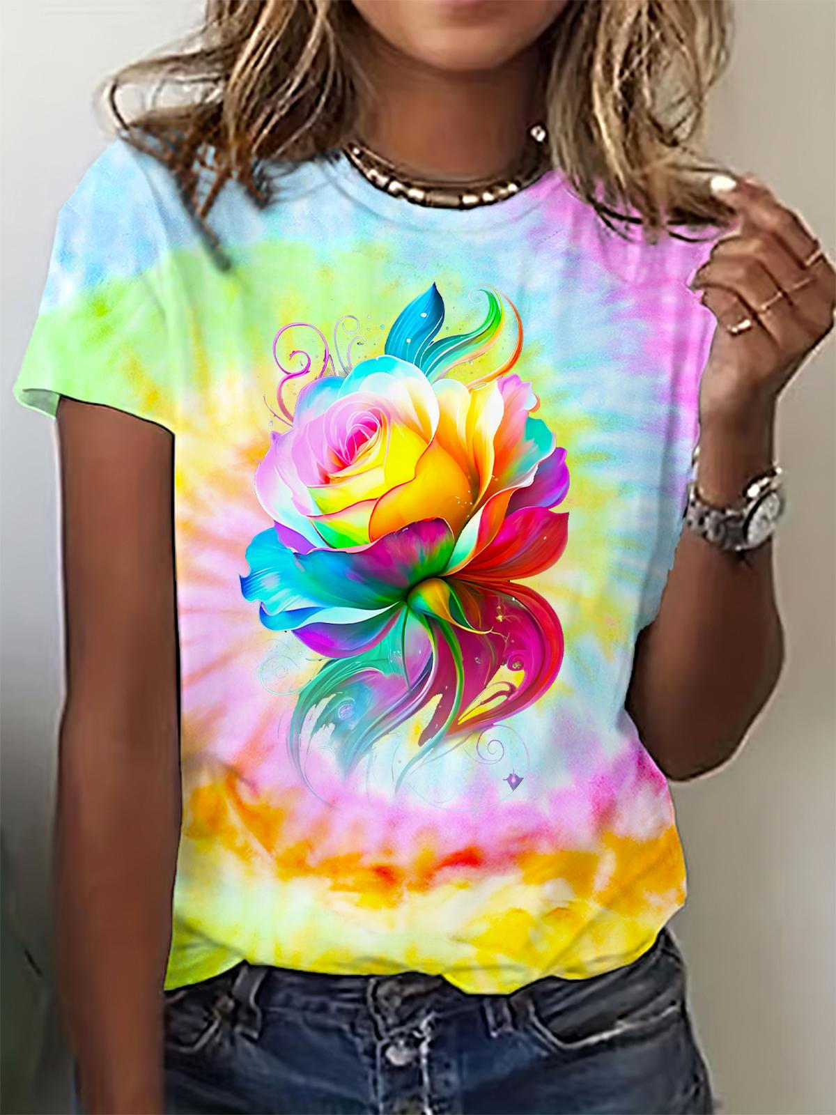 Spring Colorful Floral Tie-Dye Crew Neck T-shirt
