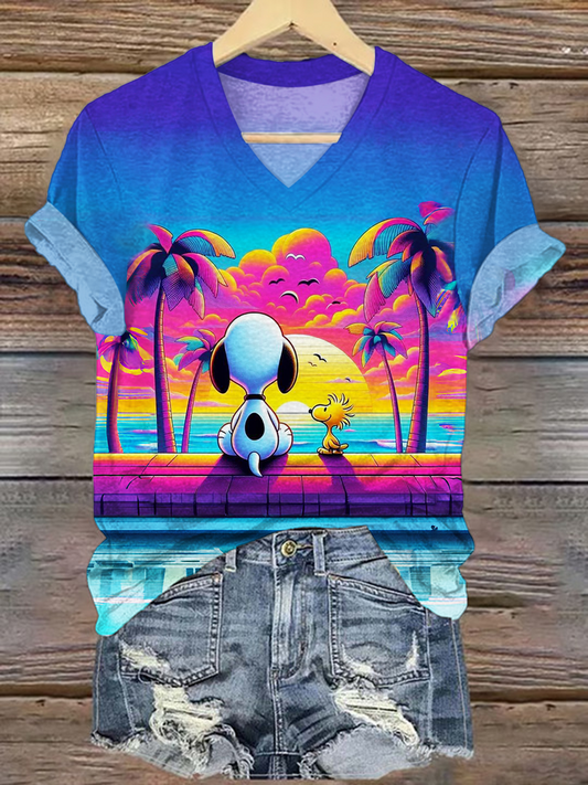 Fun Vacation Watch The Sunset With Snoopy V-neck T-Shirt