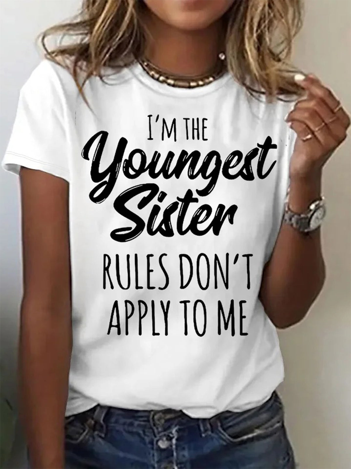 Youngest Sister Funny Letters Crew Neck T-shirt