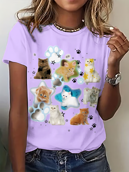 Funny Retro Cute Cat Art Crew Neck T-shirt