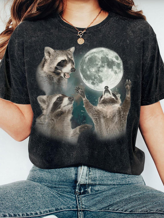 Three Raccoons And Moon Unisex Short Sleeve Washed T-Shirt