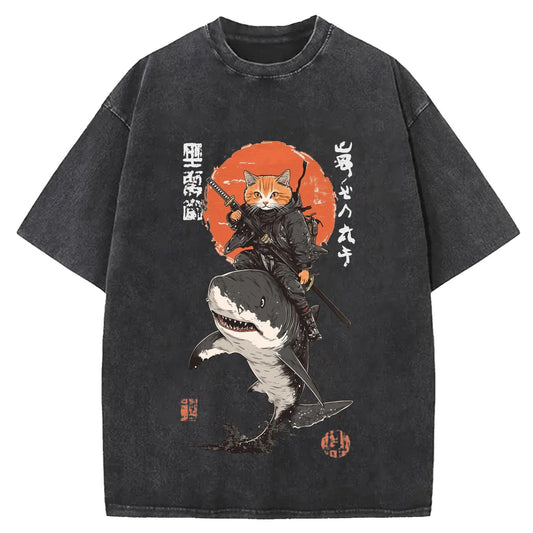 Japanese Frog Samurai Round Neck Washed T-Shirt