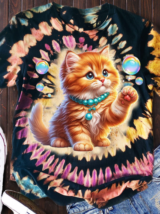 猫のタイダイプリント半袖トップス