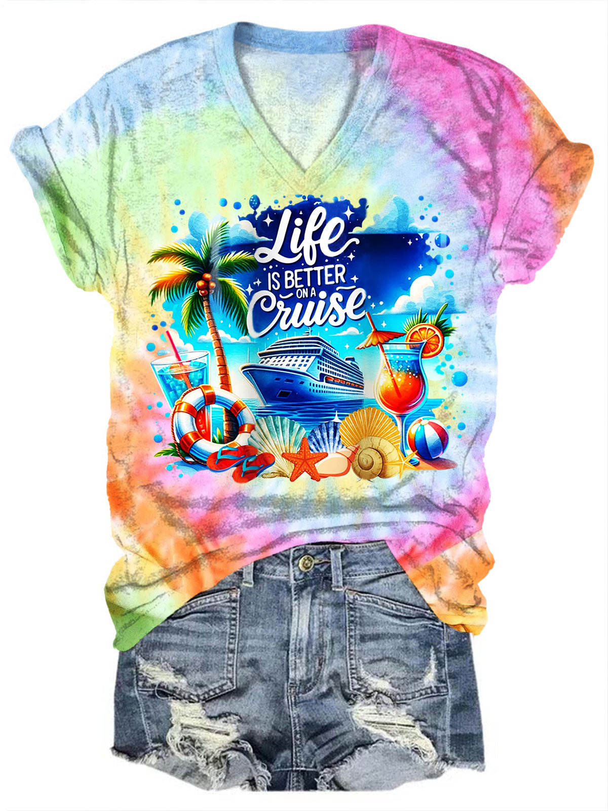 T-shirt à manches courtes et col en V avec imprimé tie-dye « La vie est meilleure en croisière » 