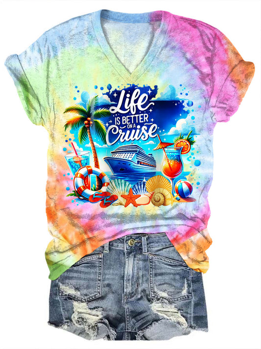 Das Leben ist besser auf einer Kreuzfahrt – Kurzarm-T-Shirt mit Batik-Print und V-Ausschnitt 