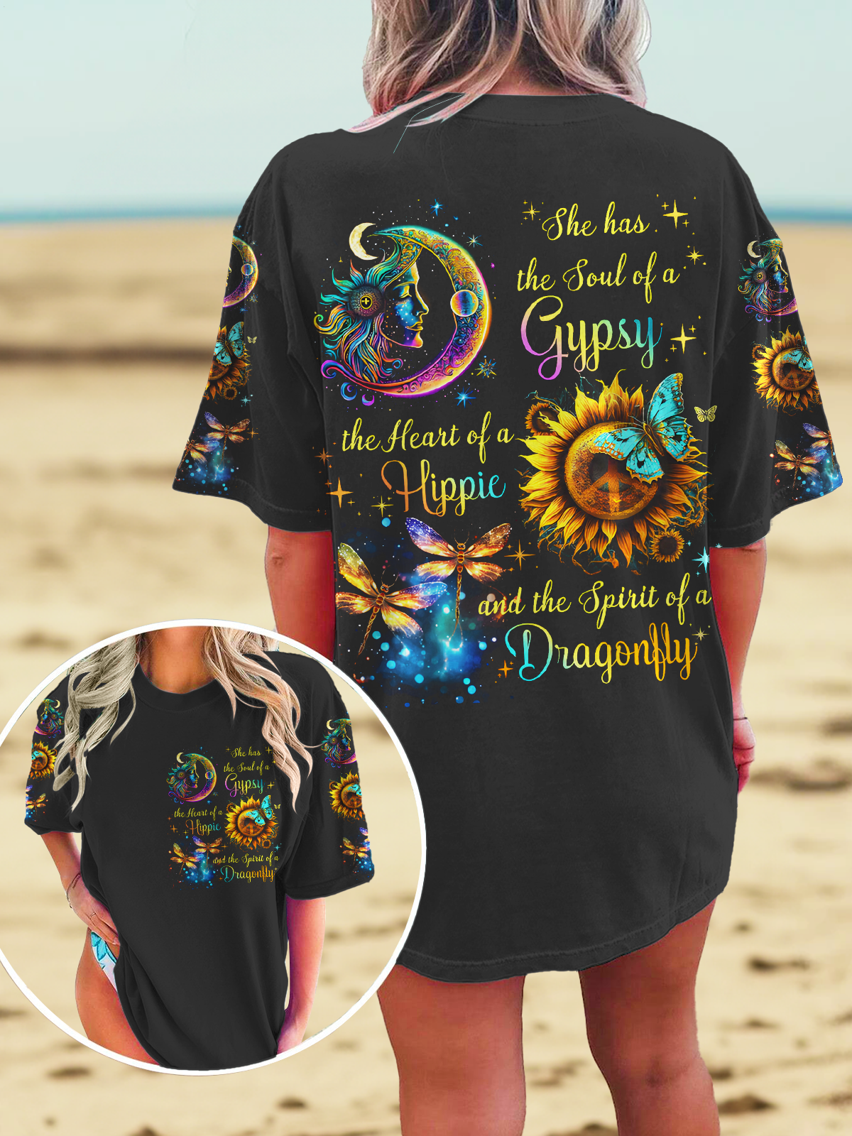 Retro Hippie Sun Stars Moon Crew Neck T-shirt