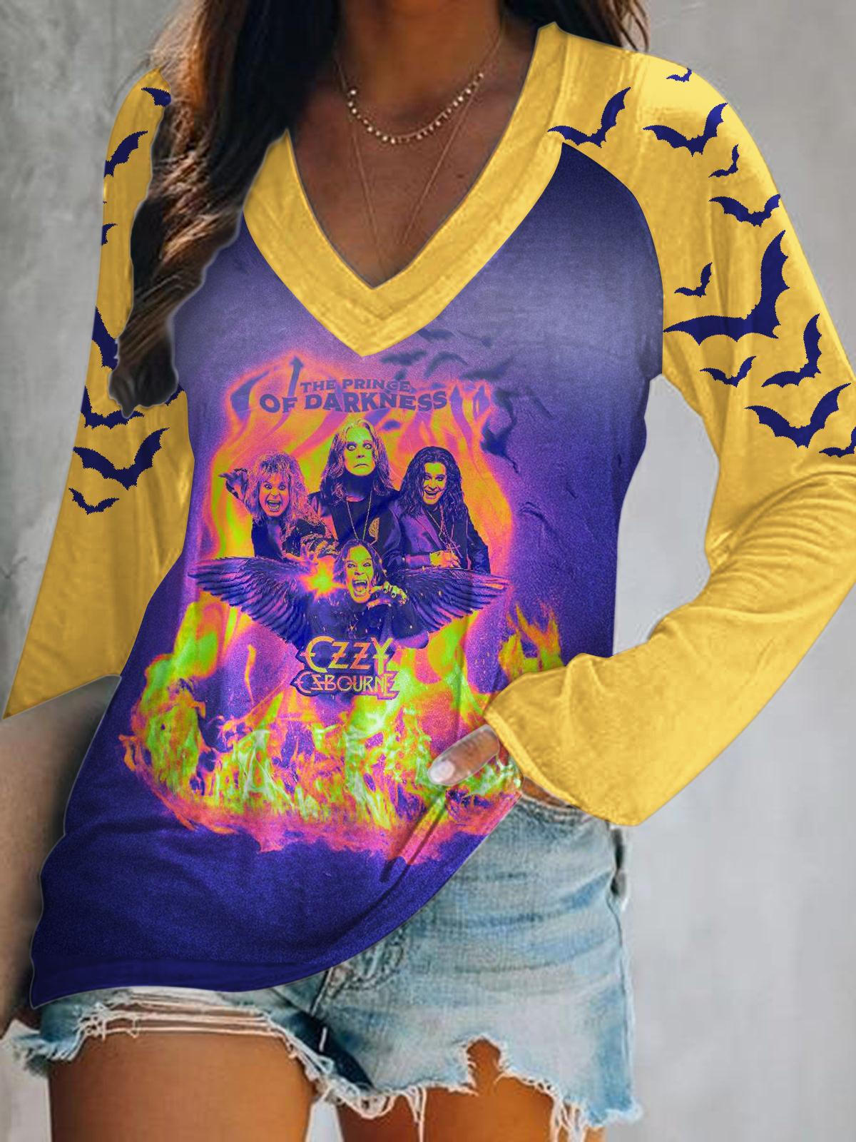 Ozzy Osbourne Print V-Neck Long Sleeve Top