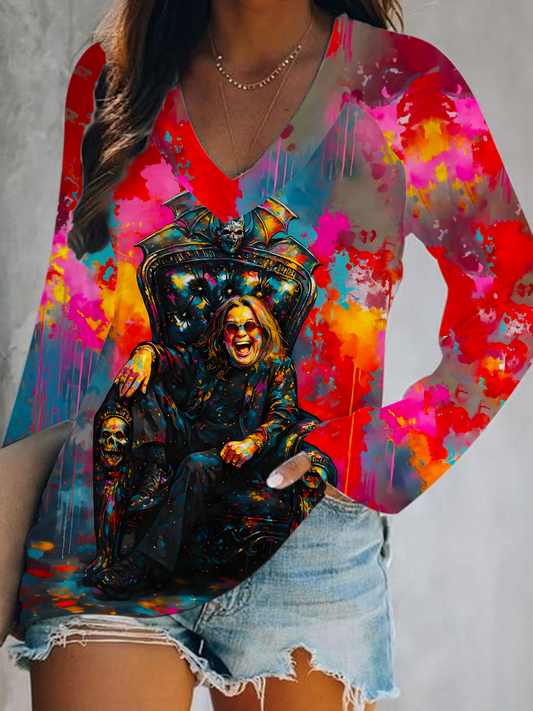 A Tribute to the Legend of Ozzy Classic Oil Painting Art Print V-Neck Long Sleeve Top
