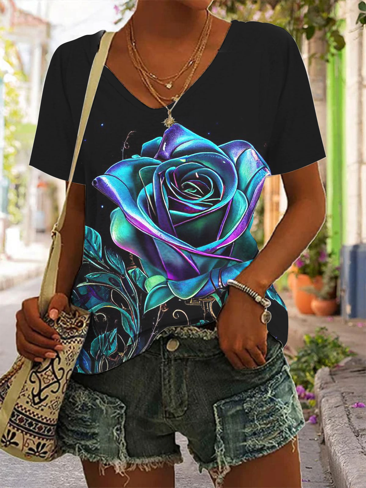 Blue Rose Print V-Neck Top