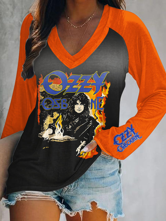 Ozzy Osbourne Print V-Neck Long Sleeve Top