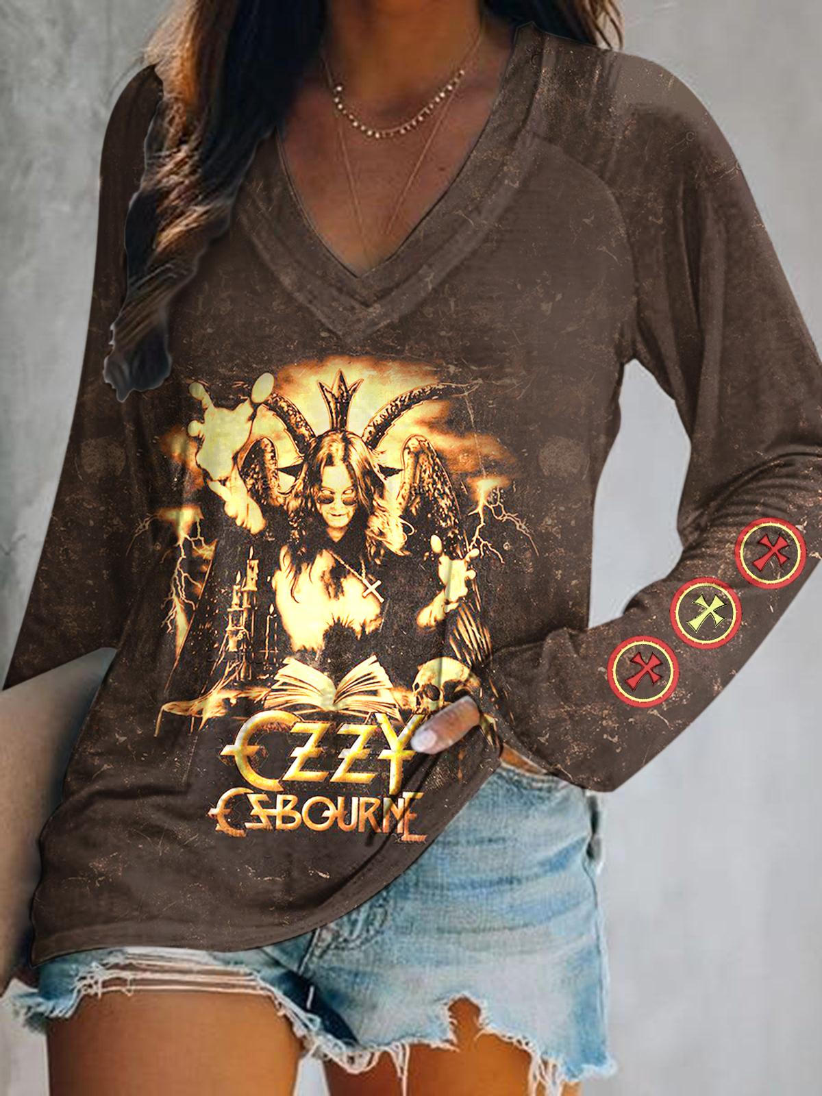 Ozzy Osbourne Print V-Neck Long Sleeve Top