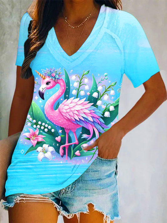 Gradient Summer Vibes Unicorn Flamingo Art Short Sleeve V Neck Print Top