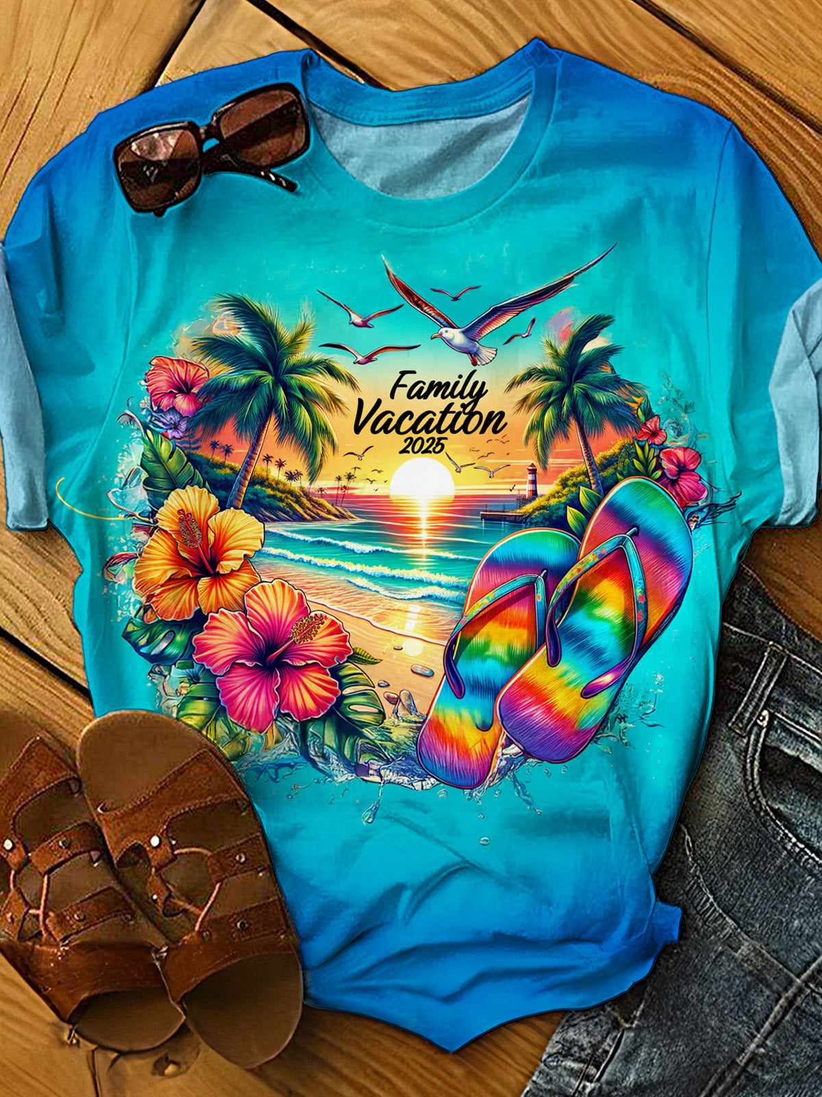 Beach Flip Flops Family Vacation 2025 Crew Neck T-shirt