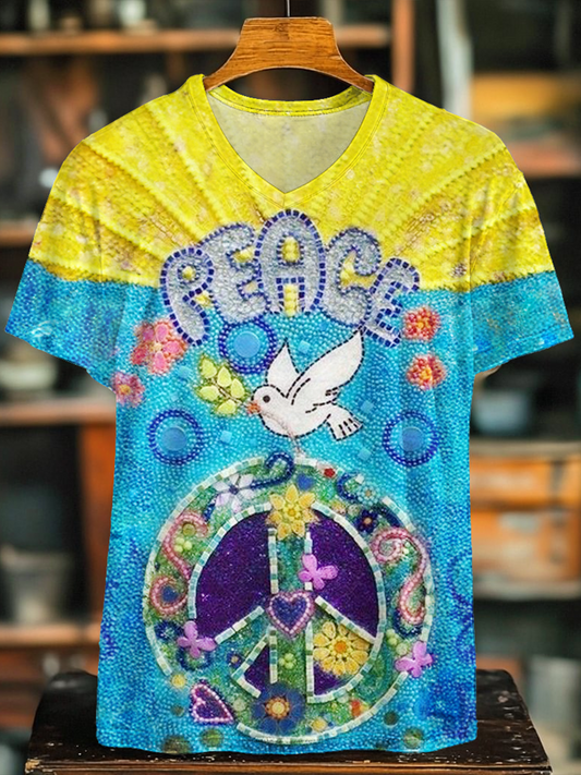 Colorful Hippie Peace Dove Art V-neck T-Shirt