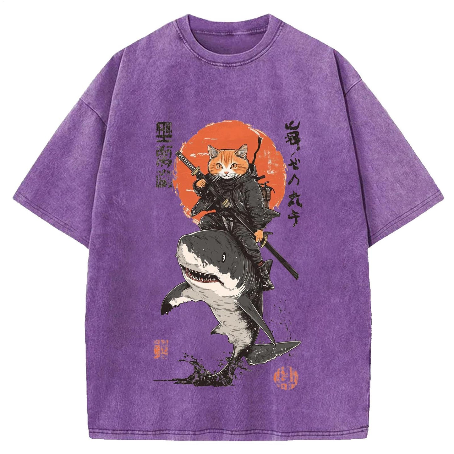 Japanese Frog Samurai Round Neck Washed T-Shirt