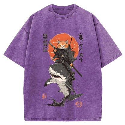 Japanese Frog Samurai Round Neck Washed T-Shirt
