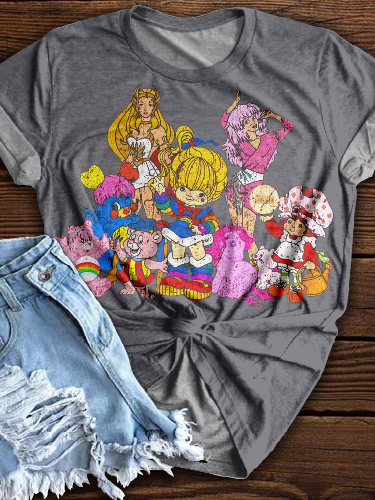 Vintage Anime Characters Pattern Crew Neck T-shirt