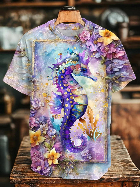 Retro Floral Seahorse Crew Neck T-shirt