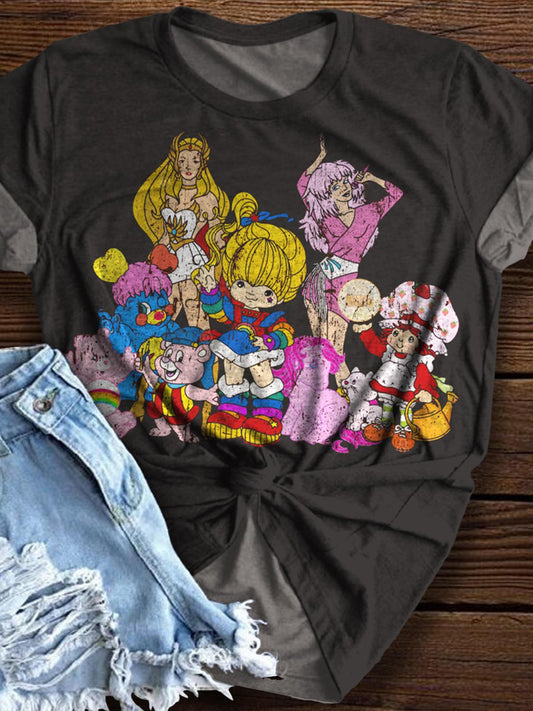 Vintage Anime Characters Pattern Crew Neck T-shirt