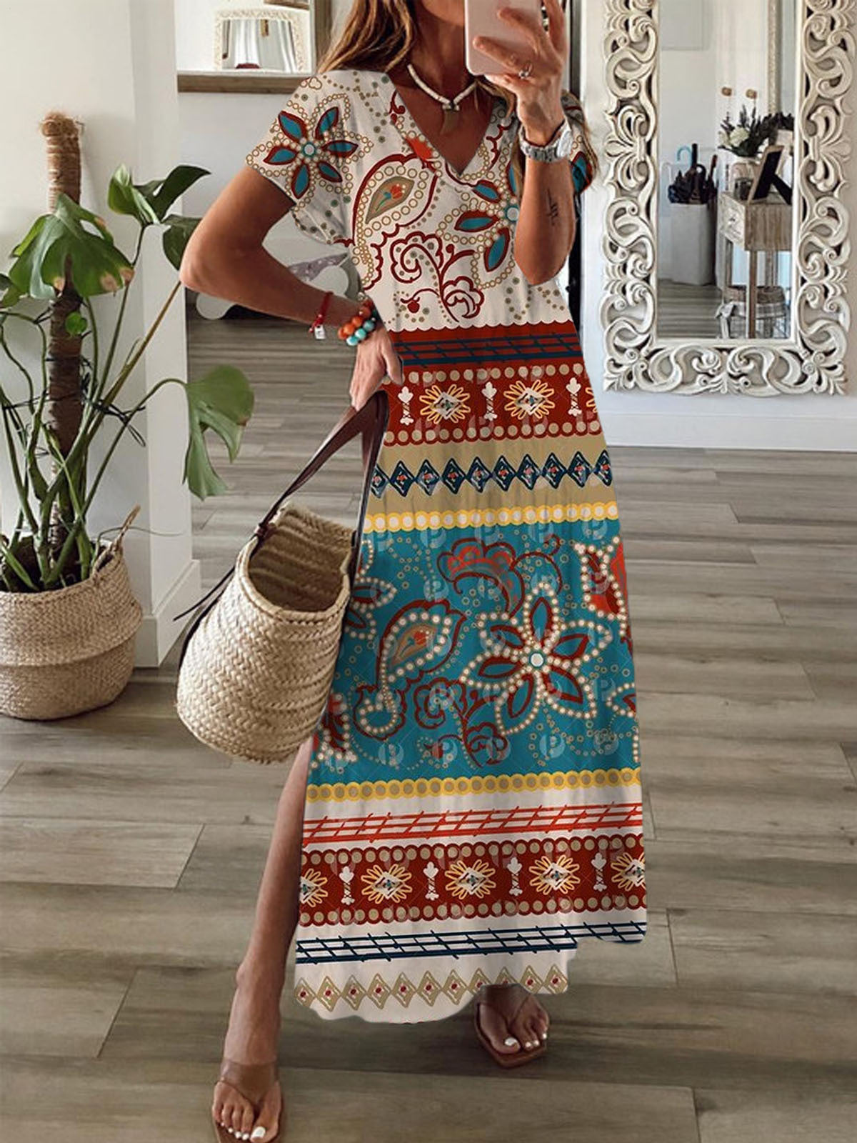Vintage Paisley Print Short Sleeve V Neck Maxi Dress