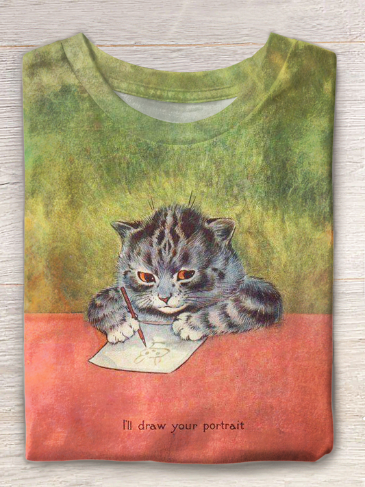 I'll Draw Your Protrait Vintage Funny Cat Art Crew Neck T-shirt