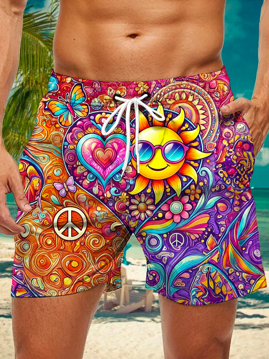Men's Retro Hippie Floral Love Art Print Pocket Shorts