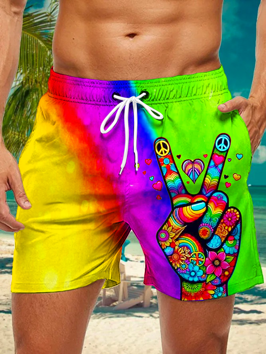 Colorful Hippie Peace Hands Men's Print Pocket Shorts