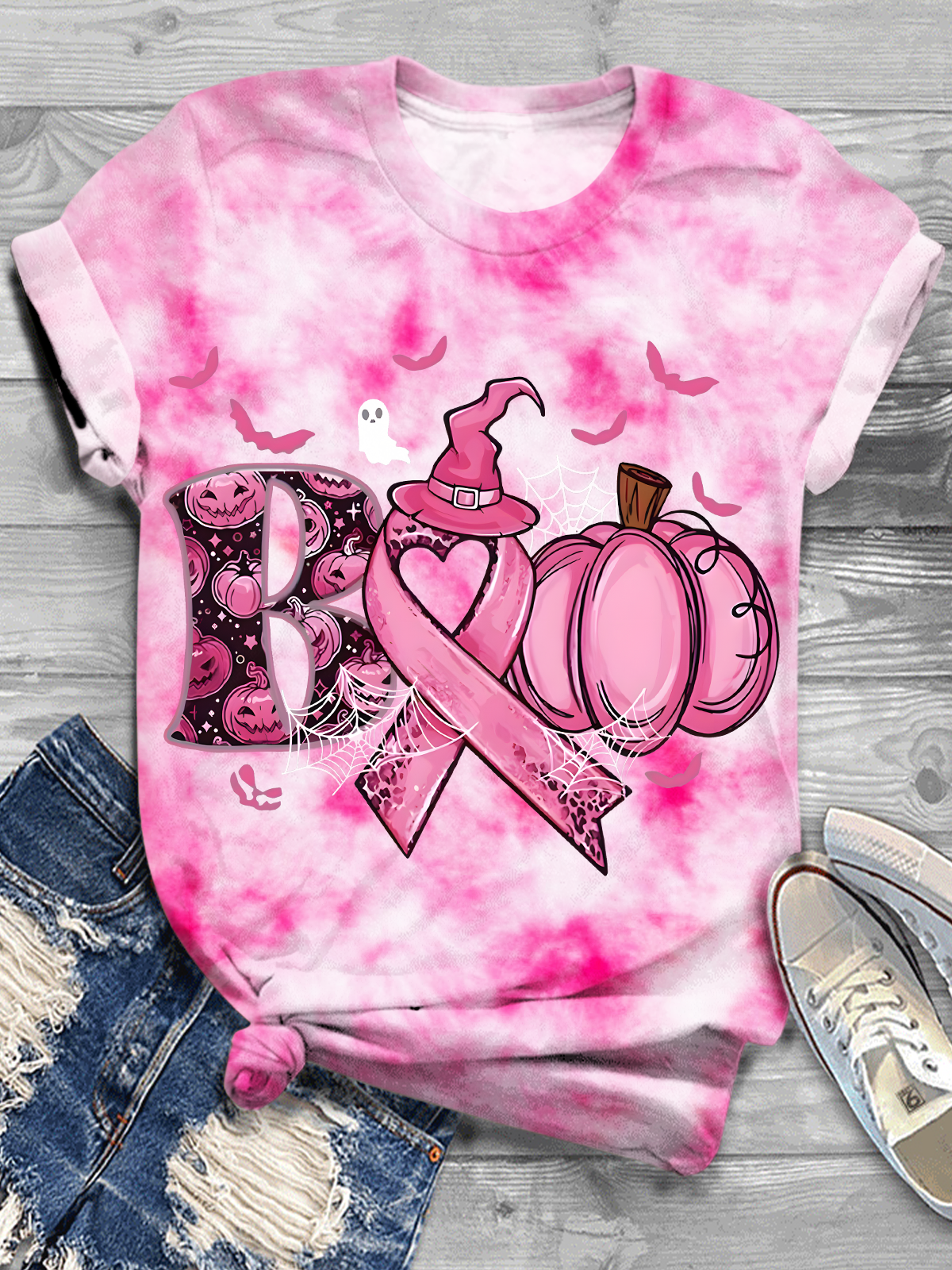 Pink October Halloween Pumpkin Crew Neck T-shirt
