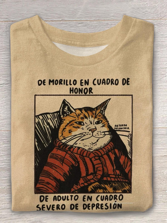 レトロキャットプリントクルーネックTシャツ
