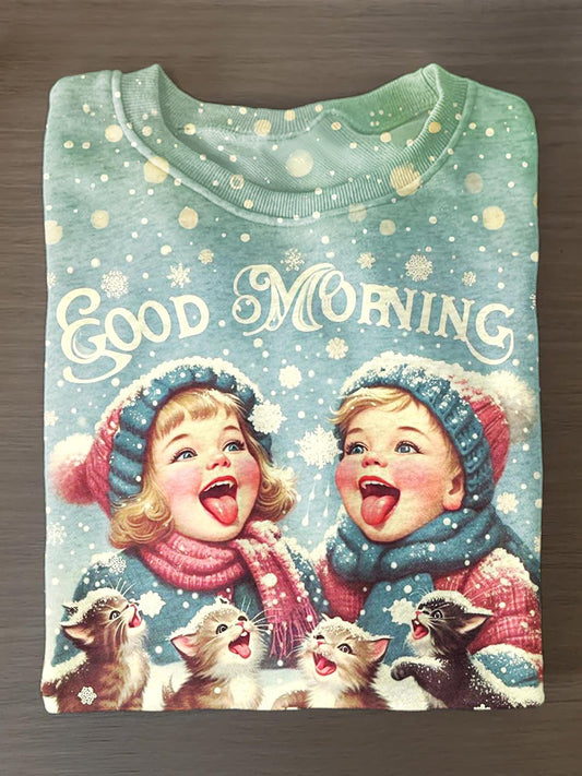 Winter Snowflake Cat Printed Long Sleeve Casual Top