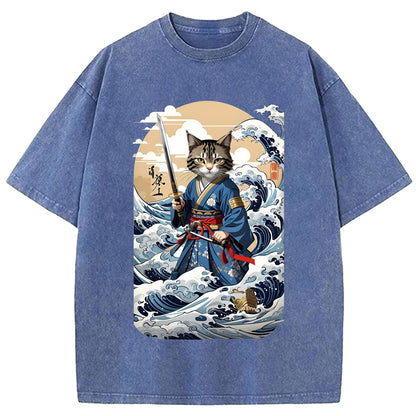 日本のサムライキャットウォッシュクルーネックTシャツ