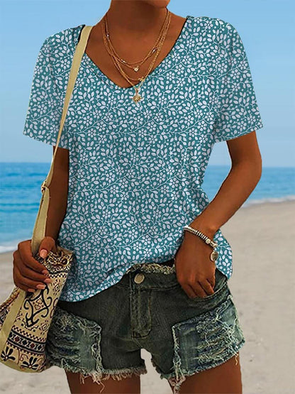 Floral V-Neck Short Sleeve T-Shirt